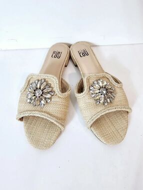 Bibi Lou Anthropologie Natural Raffia Slide Sandals Crystal Embellishment